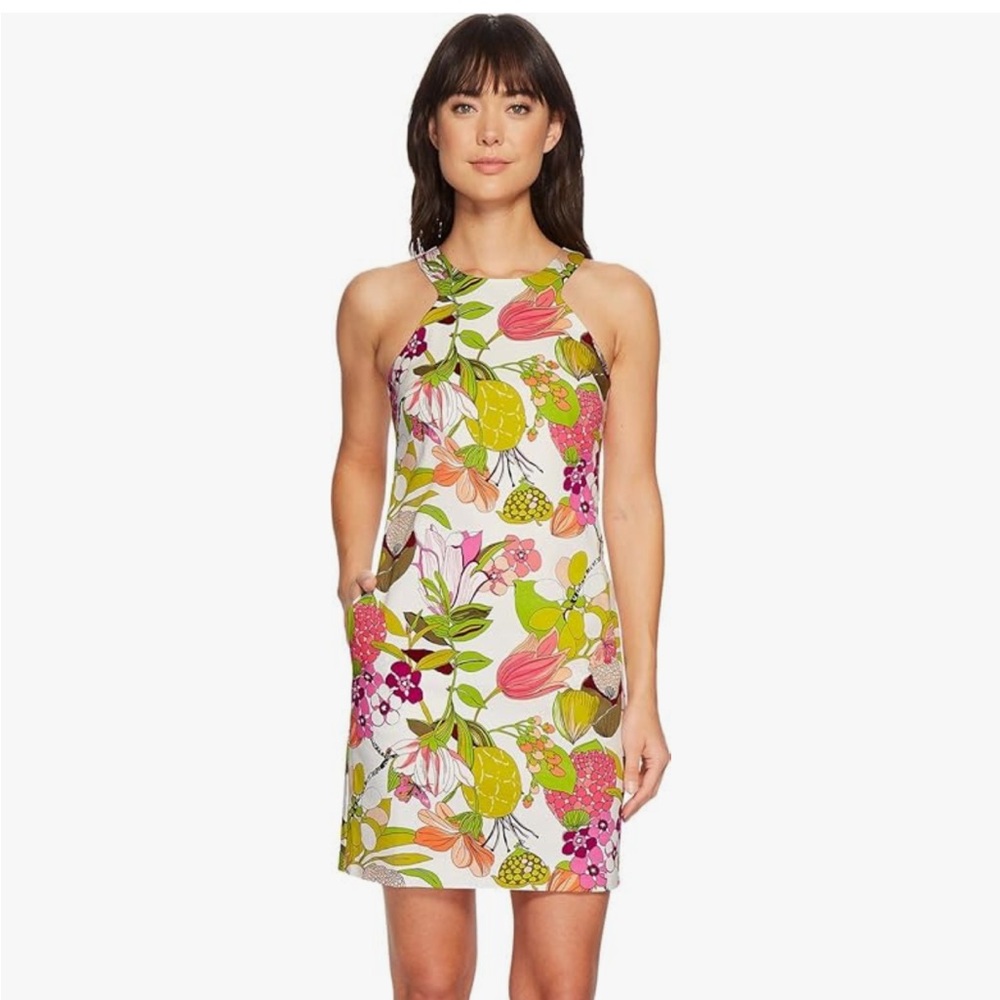 Trina Turk Aptos Dress Cotton Hibiscus Botanical Floral Halter Shift Sleeveless